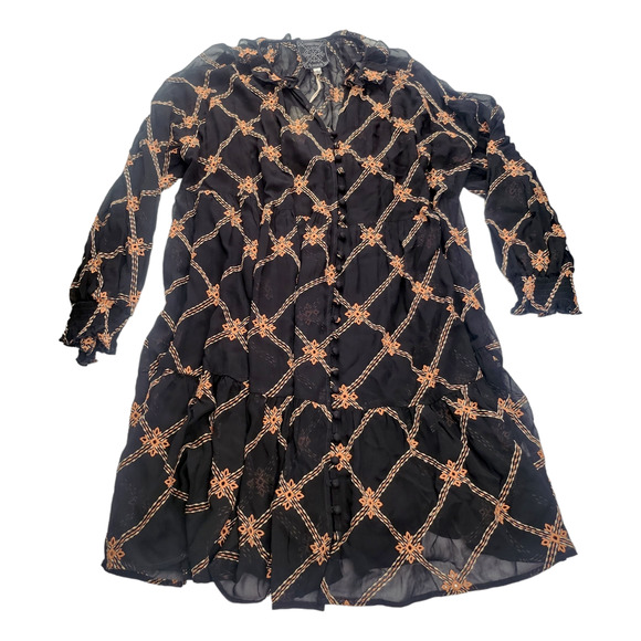 Johnny Was Dress XL Black Orange Sheer Embroidered Mock Neck Ruffle Button NEW - Picture 2 of 12